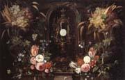 Jan Van Kessel Still life of various flowers and grapes encircling a reliqu ary containing the host,set within a stone niche china oil painting artist